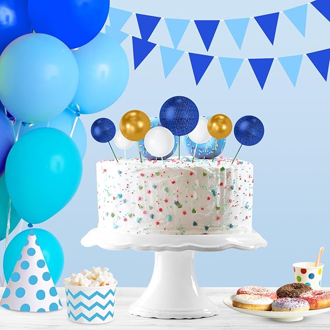 NACHLYNN 80 Pcs Cake Balls Decorations Mini Balloon Cake Topper Balls Foam Cupcake Toppers Balls for Cake Decorating Birthday Parties Weddings Anniversary (Glitter Blue Gold White)
