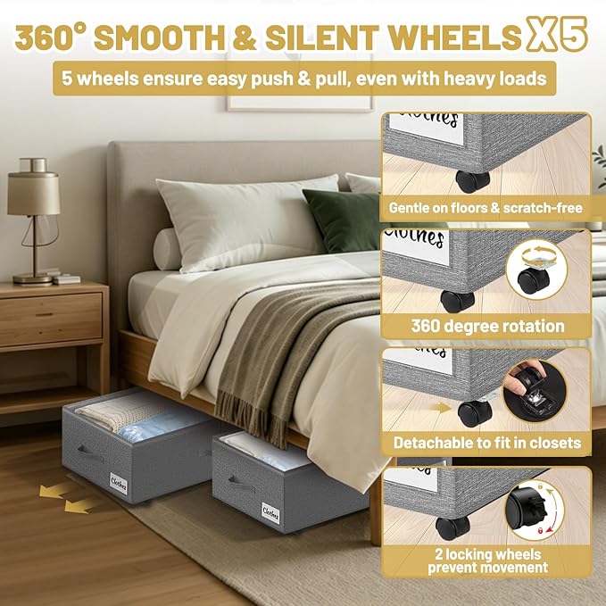 Under Bed Storage with Wheels, 2 Pack Underbed Storage Containers with Clear Lid & Label, XXL 75L Easy Assembly Rolling Under Bed Shoe Storage for Clothes, Shoes, Blankets, Gray(28.3 X 16.5 X 9.5 in)