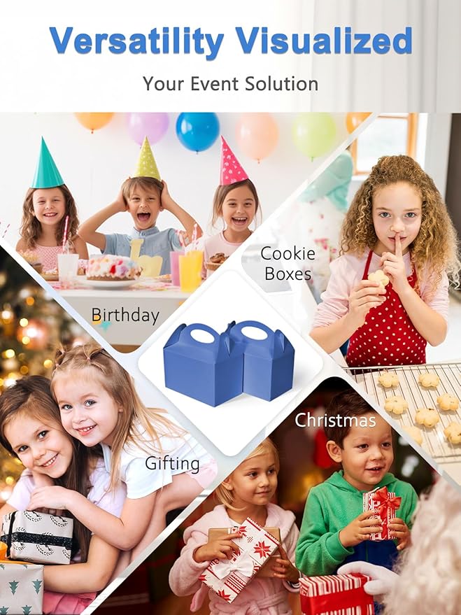Shallive 25 Pcs Small Party Treat Boxes, 6 Inch Candy Cookie Goodie Gift Bags Gable Box for Kids Birthday Party, Blue