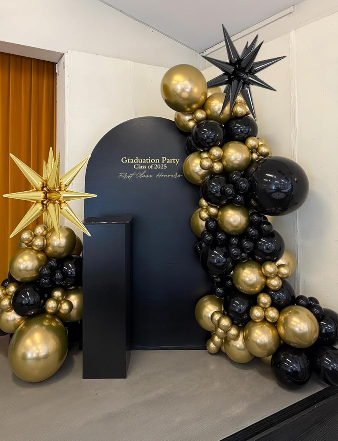 Black and Gold Balloon Arch Garland Kit - 130Pcs Black Gold Graduation Balloons with Glitter Confetti Balloons, Explosion Star Foil Balloon for Graduation Birthday Wedding Party Decorations