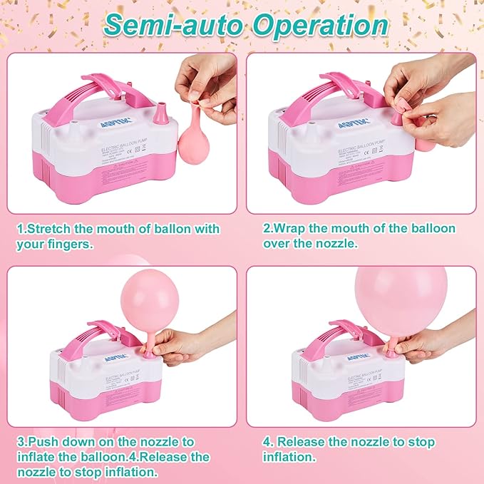 AGPtEK Electric Air Balloon Pump with Built-in Tying Tool, 110V 600W Pink and White Portable Dual Nozzle Inflator/Blower for Party Decoration with Tying Tool on Handle