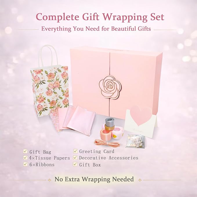 Elegant Small Pink Gift Box for Women with Lid & Accessories - Reusable Magnetic Closure Gift Presentation Set, Romantic and Beautiful Ready-to-Gift Box
