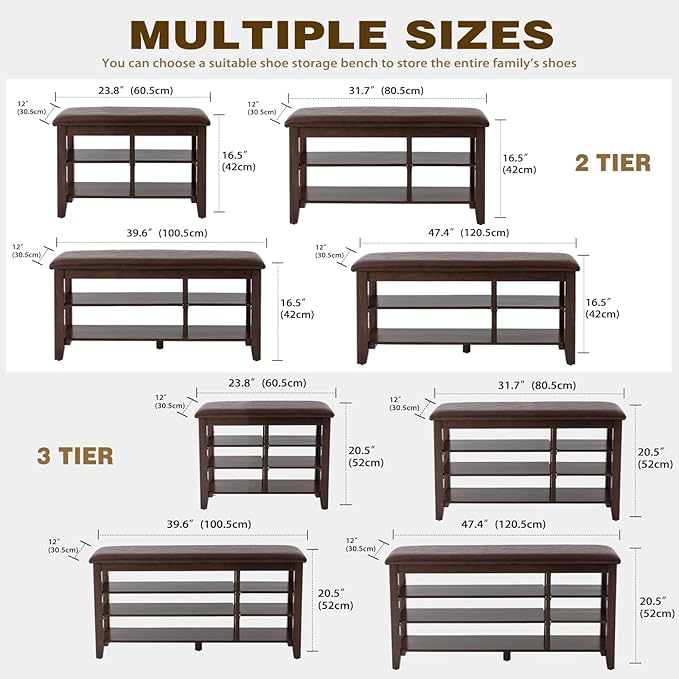 PY HOME & SPORTS Shoe Rack for Entryway 39.4": 3-Tier Shoe Storage Bench, Adjustable/Removable Shelves, Rubberwood Shoe Benches for Hallway, Porch, Bathroom, Brown