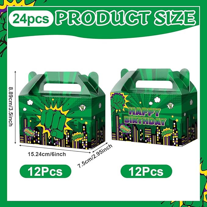 Green Hero Party Decorations Cartoon Green Hero Party Favors Box Super Theme Candy Goodie Treat Boxes for Kids Boys Girls Super Theme Comic City Cityscape Birthday Baby Shower Supplies 24Pcs