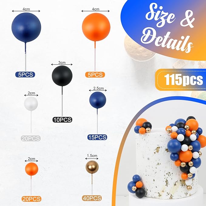 115 PCS Ball Cake Toppers - Mini Balloon Cake Decorations Navy Blue Orange White Gold Foam Ball Cupcake Picks DIY Cake Insert Toppers for Baby Shower Birthday Party Wedding