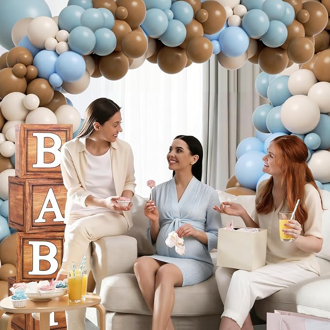 Blue Bear Baby Shower Decorations, 149pcs Dusty Blue and Brown Balloon Garland Arch Kit With Wood Grain Baby Boxes for Bear Baby Shower Decorations Gender Reveal