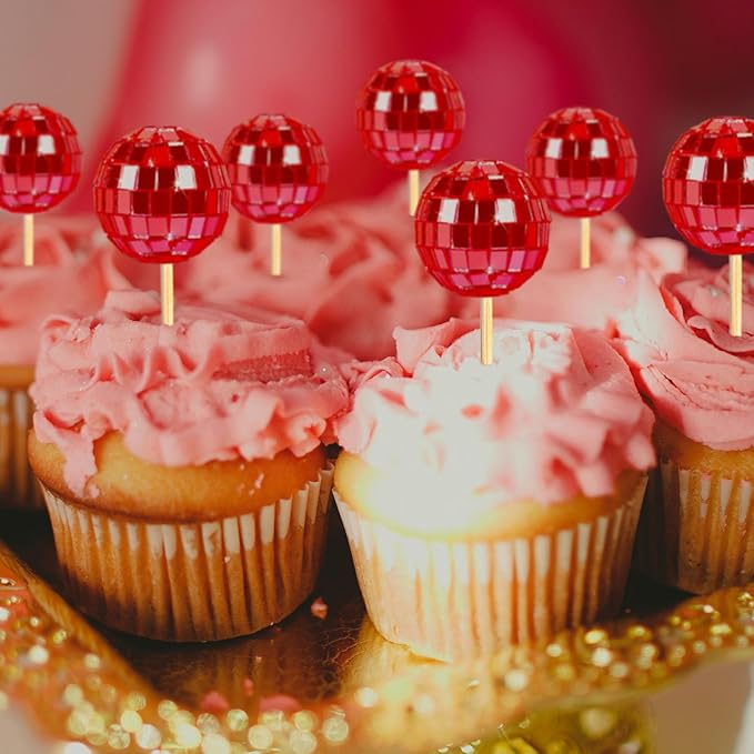 24 PCS Red Disco Ball Cupcake Toppers, Mini Disco Balls for Cake, Disco Ball Cupcake Decorations for Valentine's Day Disco Theme Party 70s Disco Ball Party Favors