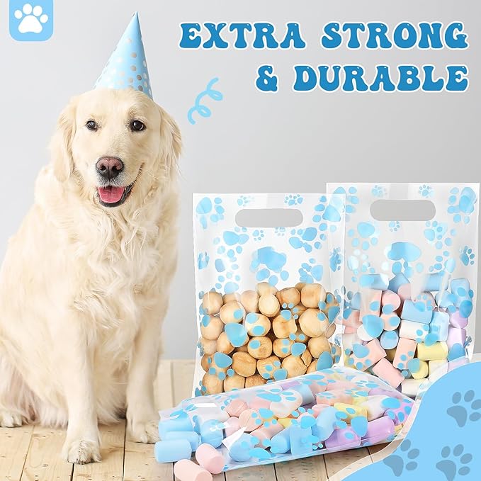 Pasimy 100 Pcs Dog Paw Gift Bags Bulk Pet Paw Puppy Plastic Treat Favor Candy Goodie Bags with Handle for Dog Birthday Party Decoration Supplies(Clear Blue)