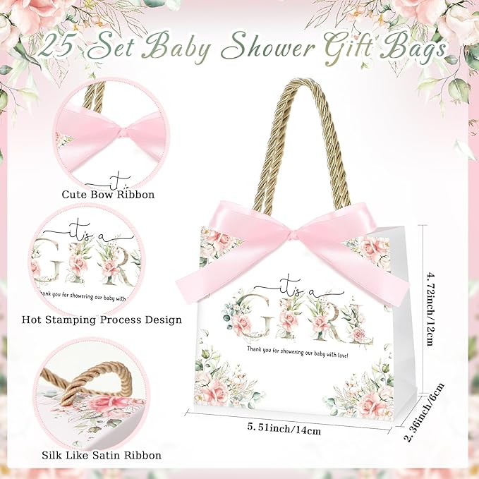 Spakon 25 Sets Its a Girl Baby Shower Party Favor Bags for Girls Floral Gift Bags with Handle and Ribbon Bow for Gender Reveal Birthday Party Decorations Supplies