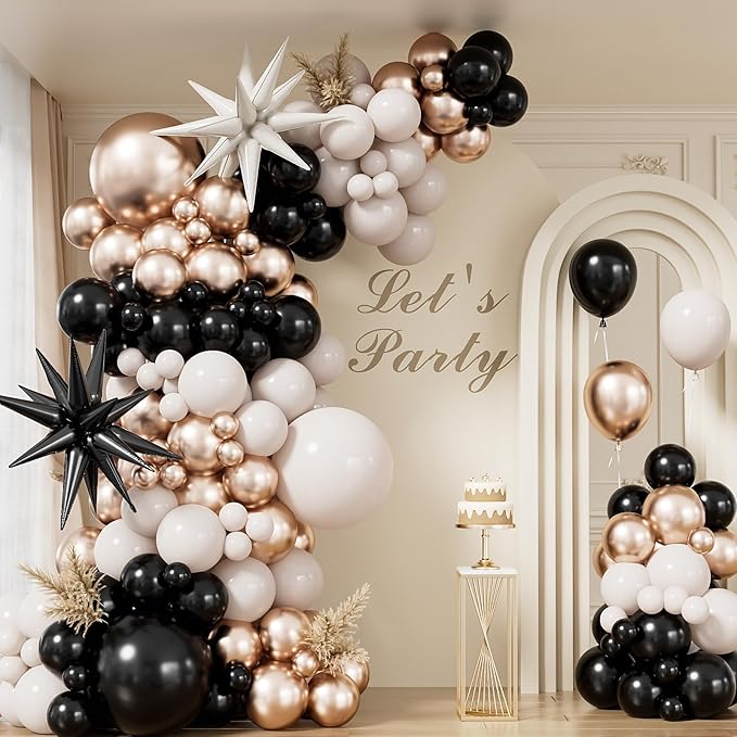 Black and Gold balloon Arch Garland Kit - Black Gold White Balloons with Sand White, Metallic Champagne Balloon, Star Foil Balloons for Graduation Birthday Wedding Party Decorations, 125Pcs