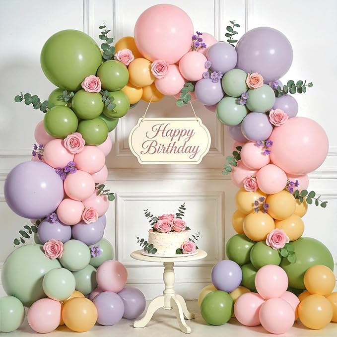 Dusty Green Pink and Purple Balloons Arch Kit, Pastel Balloon Arch Kit with Dusty Olive Green Light Pink Purple Mustard Yellow Balloons for Wildflower Graden Fairy Birthday Tea Party Decoration