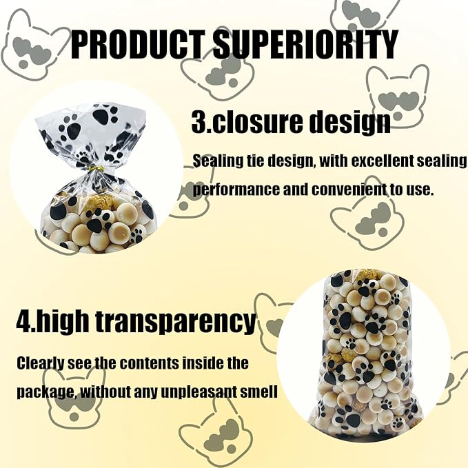 EatnMgan 200Pcs Dog Paw Print Cellophane Treat Bags,Cellophane Bags,Party Favor Gift Bags with 220Pcs Twist Ties for Pet-Themed Parties, Snacks, Candy, and Cookie Packaging (Black)
