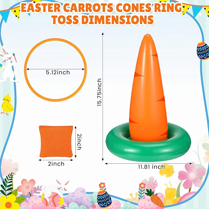 Seenelling Easter Carrots Inflatable Ring Toss Game for Adults Family, Indoor Outdoor Party Easter Game Party Decorations Cute Fun with 6 Cones 12 Rings 12 Bean Bags 1 Air Pump