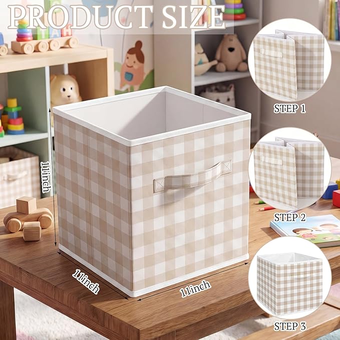 Yalikop 6 Pcs Beige Checkered Cube Storage Bins, 11 Inch Fabric Gingham Classroom Storage Bins Organizer with Handle Preppy Collapsible Cubby Basket for Classroom Home Nursery Playroom Bedroom
