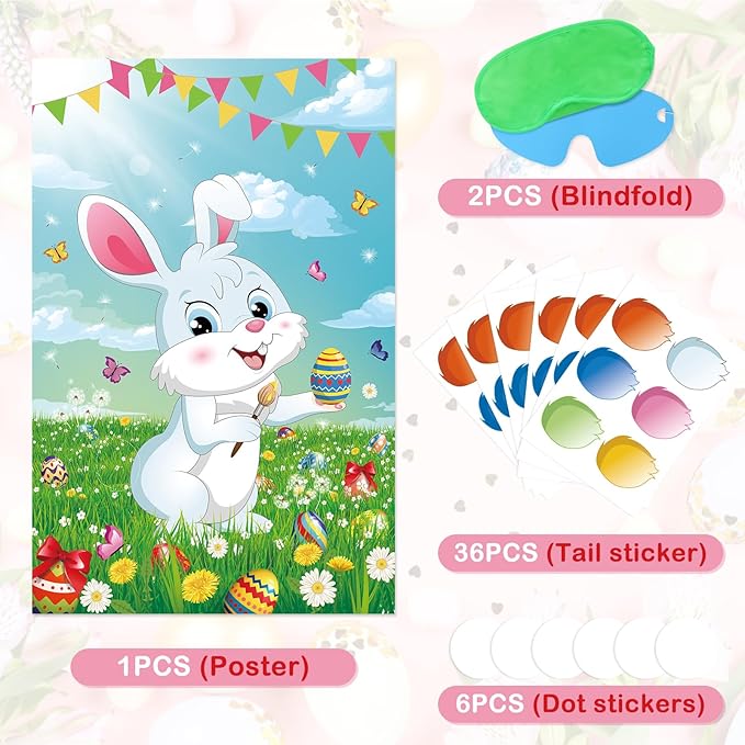 Pin The Tail on The Bunny Game with 36 Pcs Tails, Large Easter Bunny Party Games Poster for Kids Easter Party Supplies, Carnival Birthday Party Decoration