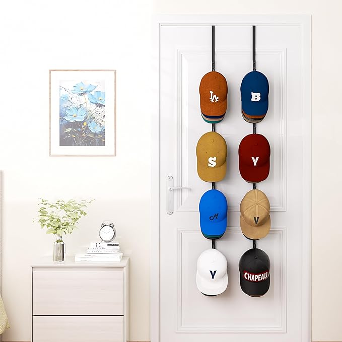 HapiRm Over Door Hat Rack - 2 Packs Hat Organizer with 8 Hooks Design, Hanging Baseball Cap Organizer Storage Holds Up to 40 Caps for Door, Bedroom, Closet (Black)