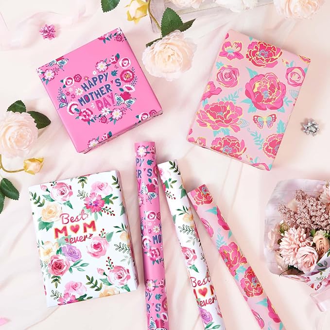 WERNNSAI Mothers Day Wrapping Paper Roll - 3 Rolls 17” x 120” Happy Mothers Day Floral Wrapping Paper for Anniversary Birthday DIY Crafts Spring Gifts Wrapper for Women Mom Pretty Rose Wraps
