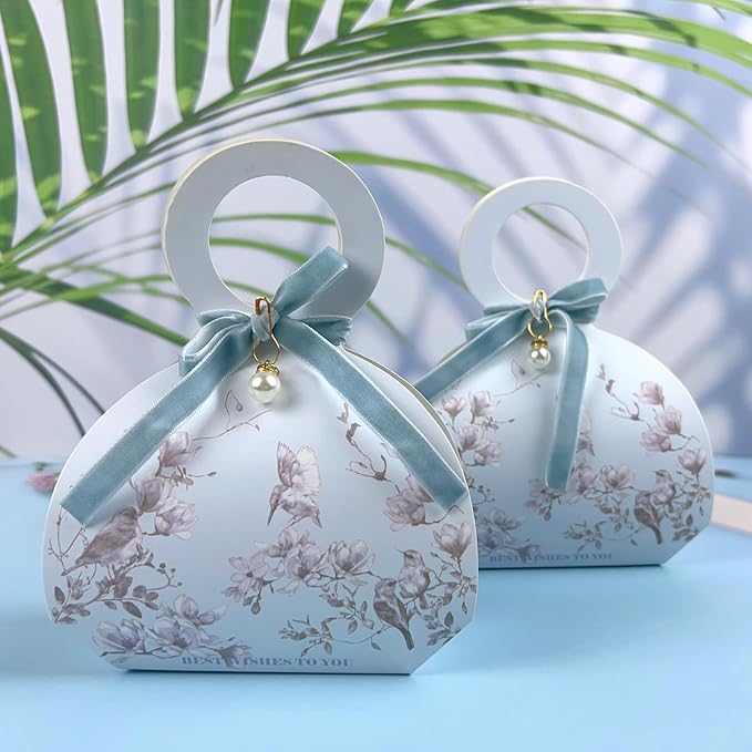 20 PCS Small Gift Boxes, Flower & Bird Party Favor Boxes Goodie Bags with Handle, Velvet Bow, Pearl Pendant for Wedding Anniverary Valentine's Day Birthday Party Presents 4"x5.1"x1.4"(Mist Blue)
