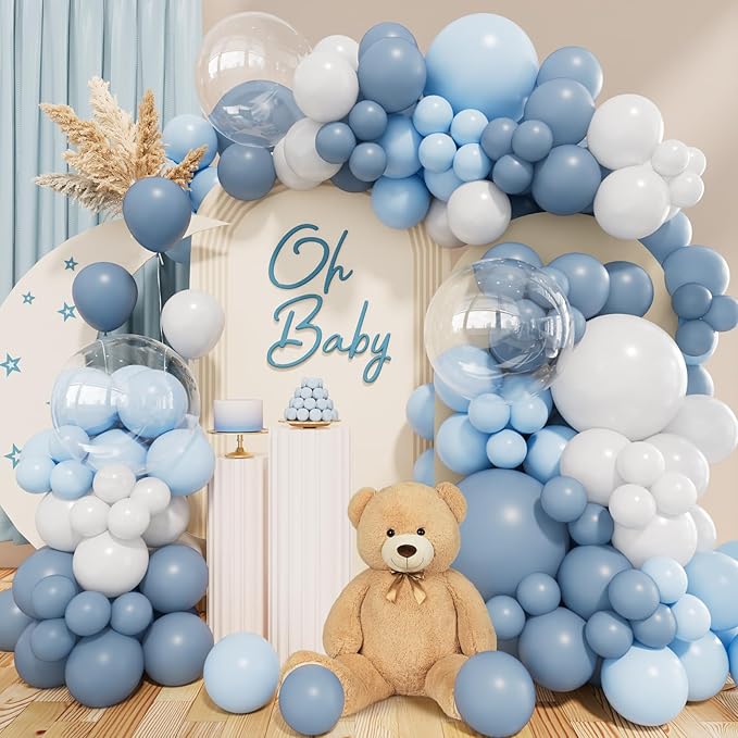 162pcs Dusty Blue Balloon Arch Kit Dusty Blue and White Balloon Garland Arch Kit with Baby blue Light Blue and Clear Balloon for Baby Shower Birthday Bridal Shower Wedding Gender Reveal Party Supplies