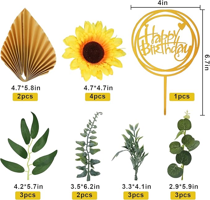 MEMOVAN Sunflower Cake Topper 18pcs Sunflower Cake Decoration with Gold Happy Birthday Cake Topper Sunflowers Golden Palm Eucalyptus Leaves for Sunflowers Boho Summer Birthday Wedding Baby Shower
