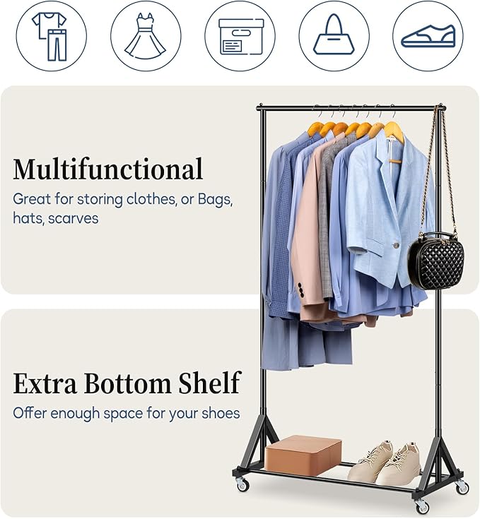 SLEEPING LAMB Heavy Duty Clothes Rack, Rolling Clothing Racks for Hanging Clothes Metal Garment Racking With Wheels, Clothes Hanger for Coats, Shirts, Sweaters Wardrobe Rack (Black)