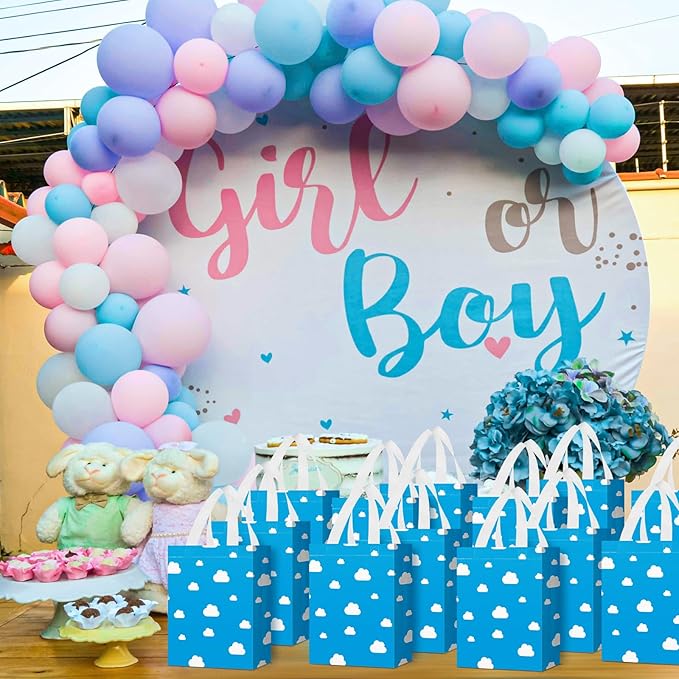 Locmeo 24 Pcs 8 x 4 x 10 Inch Toy Party Blue Sky White Clouds Gift Bags with Handles Reusable Non Woven Blue and White Cartoon Themed Candy Bags for Girl Boy Birthday Baby Shower Party