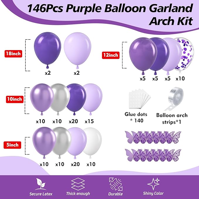 146Pcs Purple Balloons Garland Arch Kit - 5 10 12 18 inch Lavender Dark Purple Metallic Latex Balloons for Butterfly Baby Shower Birthday Wedding Princess Party Decorations