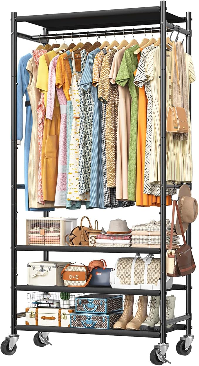 Ekisemio Heavy Duty Clothes Rack, 4 Tier Freestanding Garment Rack for Hanging Clothes with Shelves, Max Load 450 LBS, Rolling Clothing Racks for Bedroom Laundry, Black