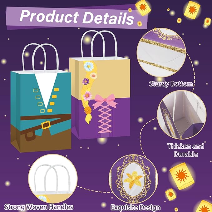 12Pcs Princess Birthday Party Supplies Purple Princess Gift Bag with Handle Girls Theme Birthday Party Favor Bags Purple Sun Gift Treat Bags for Girls Bday Baby Shower Parties Decoration