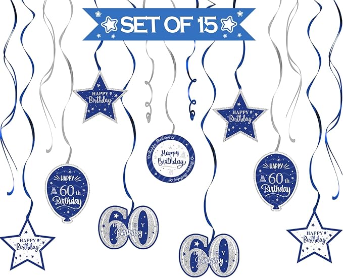 Happy 60th Birthday Blue & Silver Glitter Swirls Streamers Party Decorations - 15 Pcs 60th Birthday Hanging Swirls Streamers Kit,Cheers to Sixty Years Old Bday Party Sign.