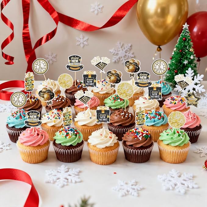 Happy New Year 2026 Cupcake Toppers, 24 PCS Happy New Year Decorations, Black and Gold Cupcake Toppers Cake Decorations Food Picks for New Year's Eve 2026 Party Decoration Supplies, 8 Designs