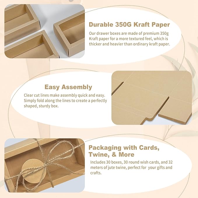 biguphate 30 Kraft Paper Cardboard Boxes Kits, Internal Dimensions 5.5x2.7x2 IN Homemade Soap Box with Blank Tags and Jute String, Small Gift Boxes for Jewelry, Candy, Wrapping Party Favor