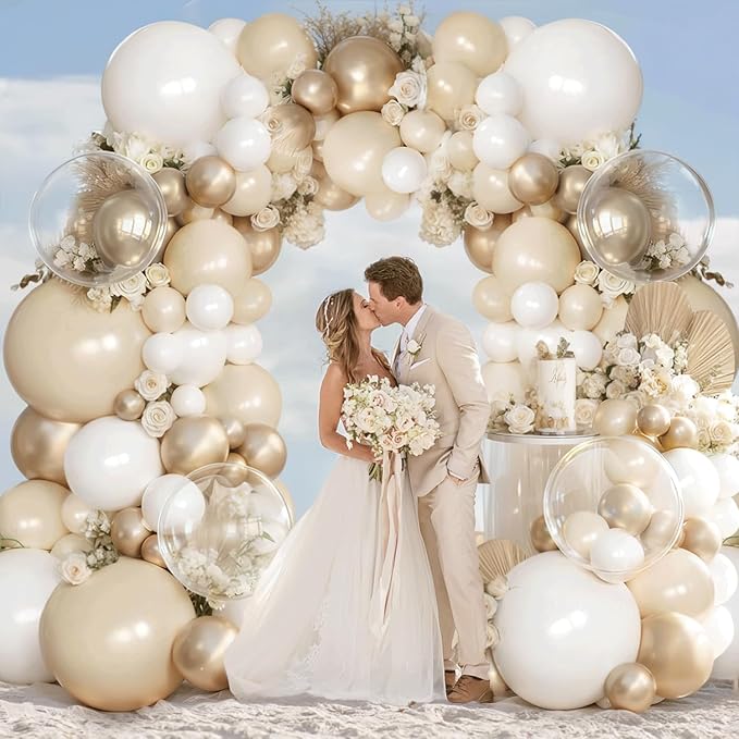 White and Gold Balloons Arch Kit, 128pcs Gold and White Balloons Garland with Chrome Gold White Sand Beige Cream Balloons Garland Kit for Wedding Bridal Shower Birthday Party Gender Reveal Decorations