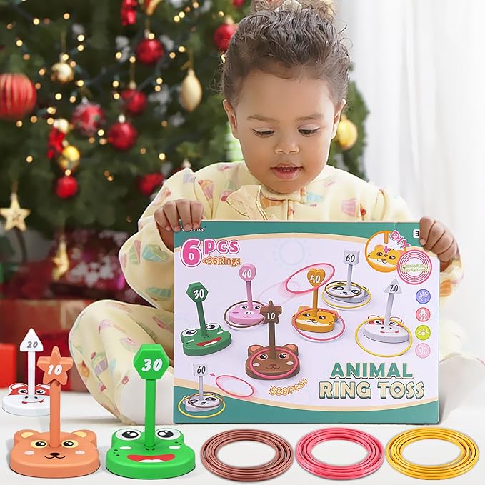 Animal Ring Toss Game Toy Set for Kids, 6 Targets Stands & 36 Rings Combo, Indoor Outdoor Party Yard Family Adults Activity, Holiday Present Birthday Gift for Toddlers Boys Girls Child Ages 3+