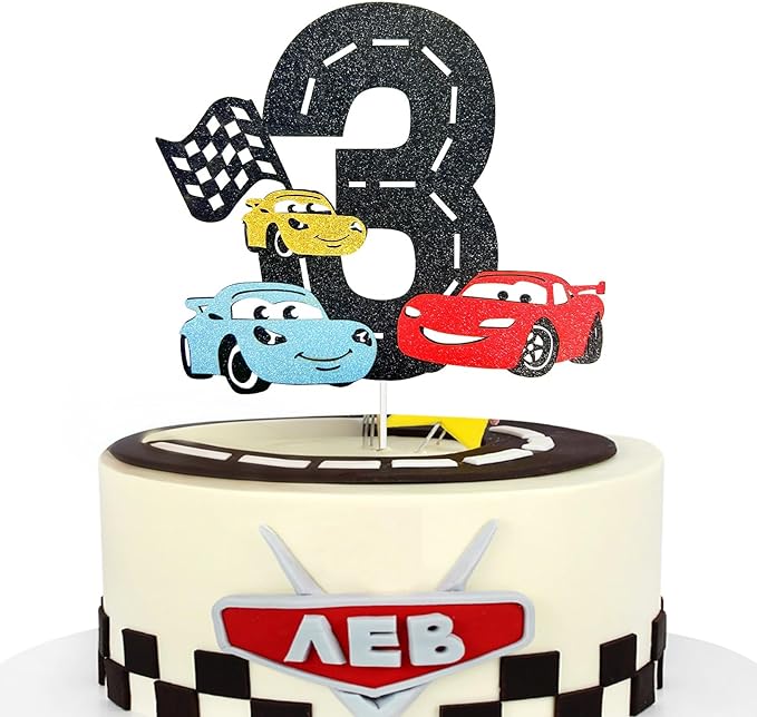 MEMOVAN Race Car 3rd Cake Topper 3th Racing Car Birthday Cake Topper Decoration for Racing Car Checkered Flag Themed Girl Boy 3 Years Birthday Party Supplies Double Sided
