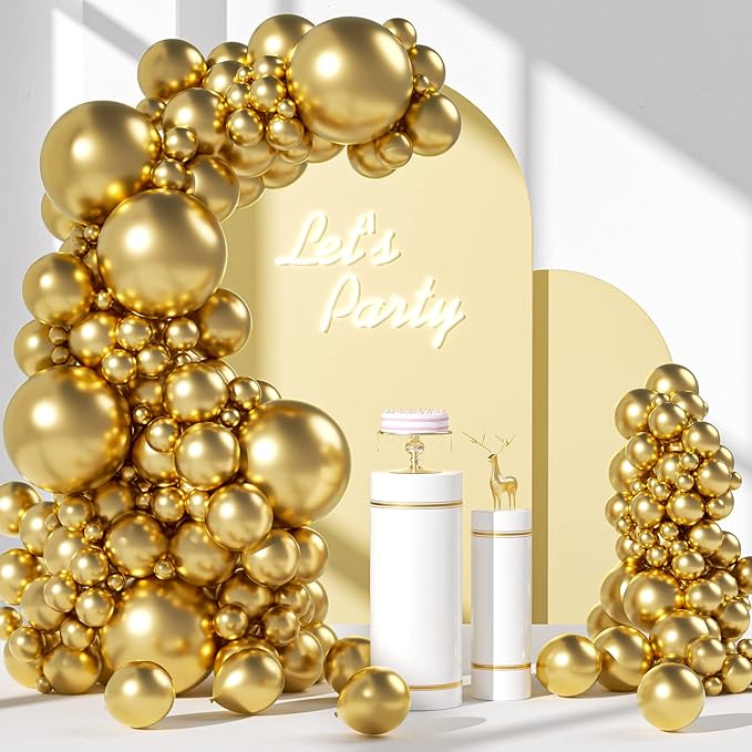 FOTIOMRG 110pcs Metallic Gold Balloon Garland Arch Kit, 18 12 10 5 inch Chrome Gold Latex Balloons Different Sizes Pack for Birthday Graduation Baby Shower Wedding Party Decorations