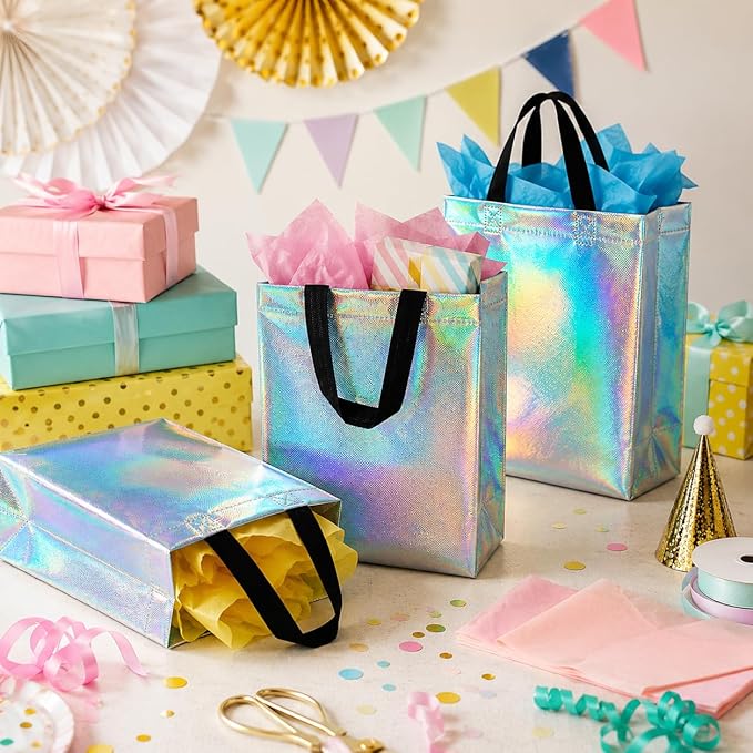 MAQIHAN 6 Pcs Iridescent Gift Bags Bulk - Mother's Day Iridescent Glossy Gifts Bags Medium Size,Reusable Gift Bag with Handles for Birthday Party, Wedding, Party Favor, Christmas, Easter