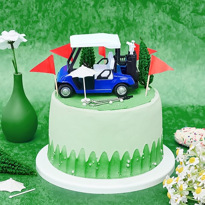 Leitee 21 Pcs Golf Cake Topper Cake Decoration Cupcake Topper Include Mini Cart Red Flag Ball Green Tree Club Sun Umbrella for Golf Themed Birthday(Blue,Classic)