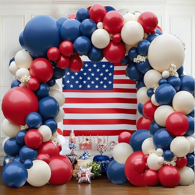 Red White Blue Balloons Arch Kit, Double Stuffed Dark Ruby Red Navy Blue Ivory White Balloons Garland for Patriotic Baseball Graduation Nautical Birthday Party Independence Day Decoration