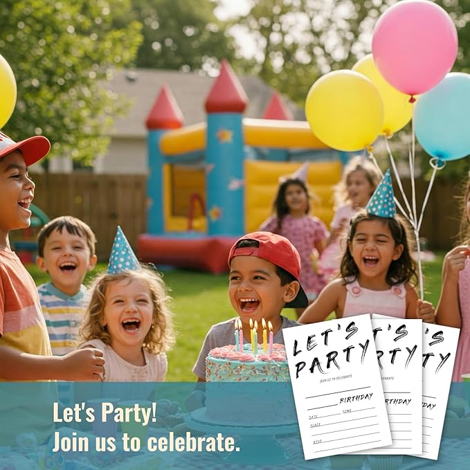Birthday Let's Party Invitations, Simple Black and White Handwriting Style Design Invites with Envelopes for Girls Boys Teens Kids, 25 Pcs 4x6 Inch (Black Handwriting Simple)