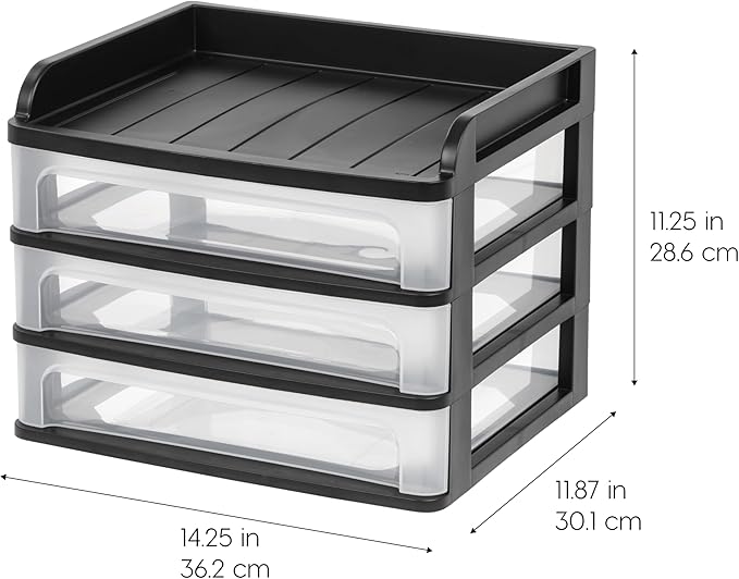 IRIS USA Plastic Desk Top 3-Drawer Storage Organizer with Paper Tray Top, 1-Pack, for Makeup Vanity Nail Polish Bathroom Stationery Art Craft Supplies Kitchen Office Garage Organization, Medium, Black