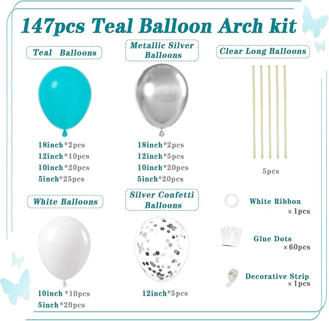 147pcs Teal Balloon Arch Garland kit, 18 12 10 5 inch Turquoise Metallic Silver White Balloons for Birthday Graduation Baby Shower Wedding Beach Party Decoration