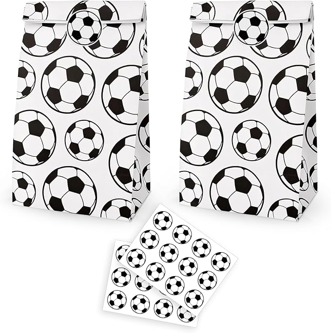 Fowecelt 24 Pack Soccer Gift Bags for Kids Soccer Paper Treat Bags with Stickers Party Favors Goodie Gift Bag Snack Treat Holders for Sports Theme Birthday Party Supplies Decorations