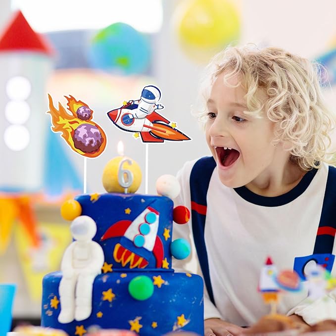 Whaline 72Pcs Outer Space Cupcake Topper 12 Designs Astronauts Rockets Spacecraft Cupcake Picks Out of Space Food Picks with Sticks Glue Point for Birthday Space Theme Party Supplies Cake Decor
