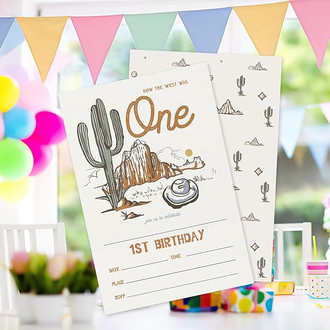 AEHIE 20 Sets Western 1st Birthday Party Invitations With Envelopes,How The West Was One Double-sided Printed Birthday Party Invitation Invite Cards for Baby Girls Boys,1st Rodeo Birthday Invites