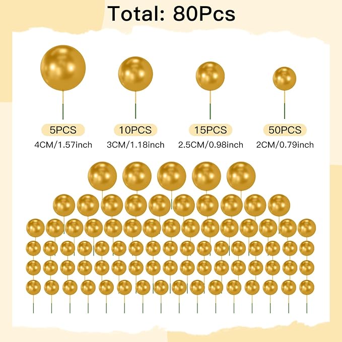 NACHLYNN 80 Pcs Cake Balls Decorations Mini Balloon Cake Topper Balls Foam Cupcake Toppers Balls for Cake Decorating Birthday Parties Weddings Anniversary (Gold)