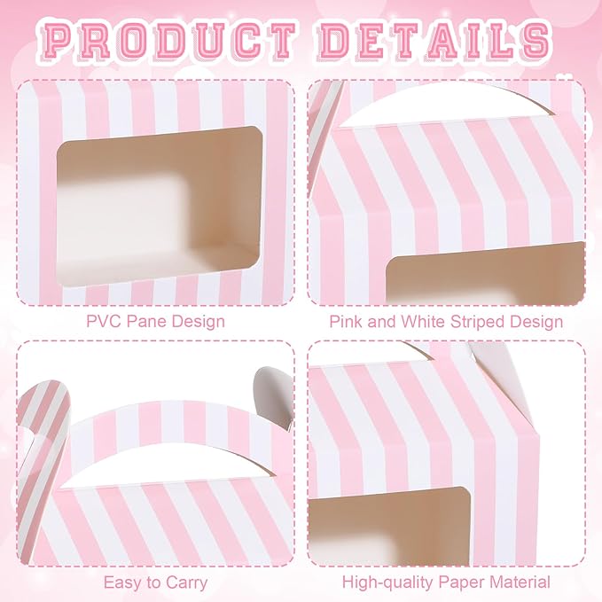 Mooliwe 50 Pcs 4 x 2.5 x 2.5 Inch Pink and White Striped Gable Boxes for Valentines Party Favors Bulk Pink Small Paper Treat Goodie Gifts Box with Clear Window Handle for Baby Shower Birthday Wedding