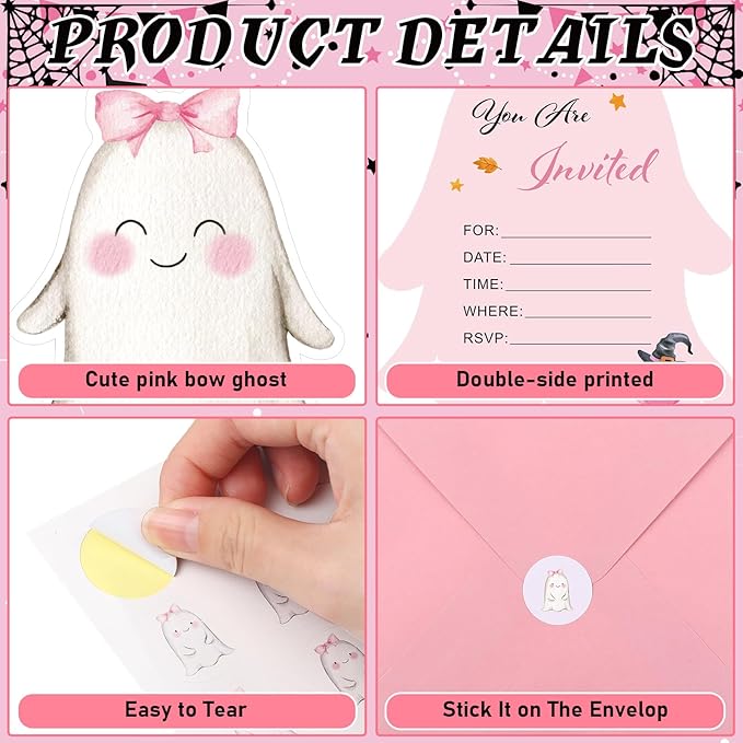 25 Set Halloween Invitation Cards Pink Happy Boo Day Birthday Invitation Paper Card with Envelope and Sticker Halloween Birthday Invites Party Supplies for Baby Shower Girls Dinner Favors, 5 x 6 Inch