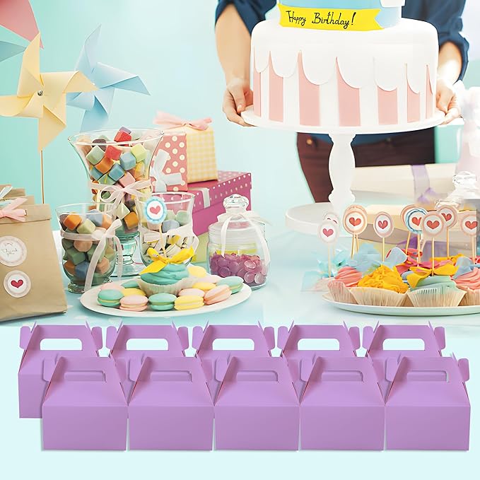 XAGLVV 24 Pack Purple Paper Gable Boxes with Handles,Treat Goodie Party Favor Gift Box for Wedding, Birthday, Baby Shower, Graduation Decoration Supplies