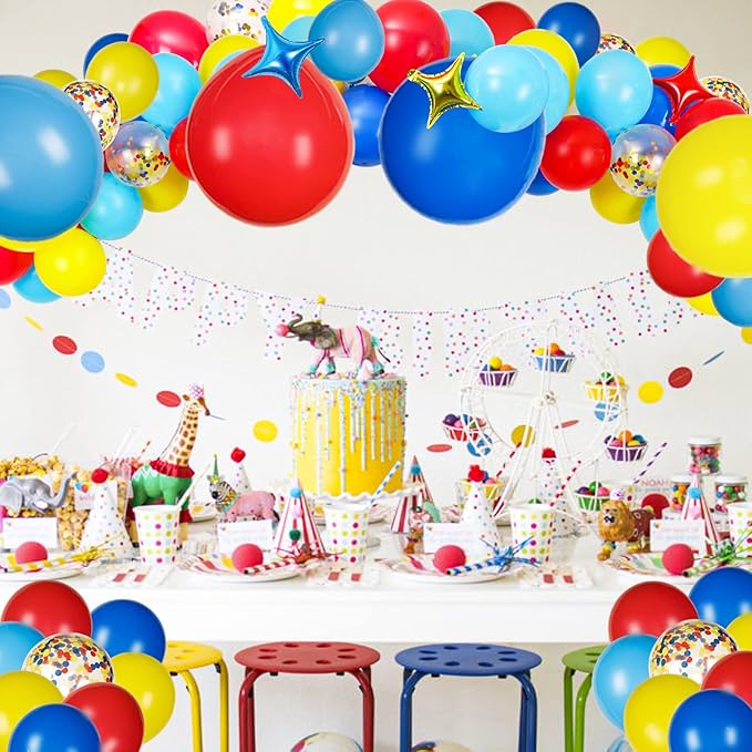 JOYYPOP Carnival Balloon Arch Kit with 123pcs Red Blue Yellow Rainbow Latex Confetti Balloons for Birthday Party Decorations